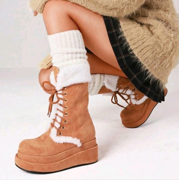 Women Winter Warm Faux Fur Snow Fluffy Mid Calf Boots Sweet Cute Furry Thick - Picture 5 of 5